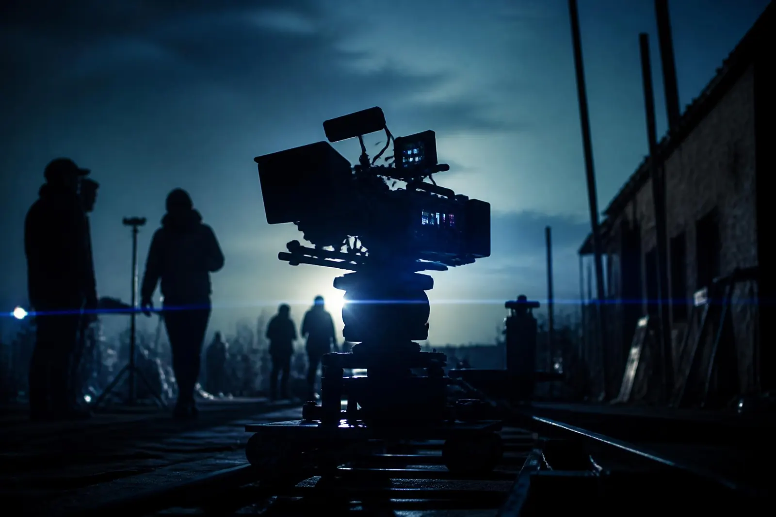 Set de rodaje al atardecer con silueta de cámara de cine sobre dolly y equipo técnico en contraluz